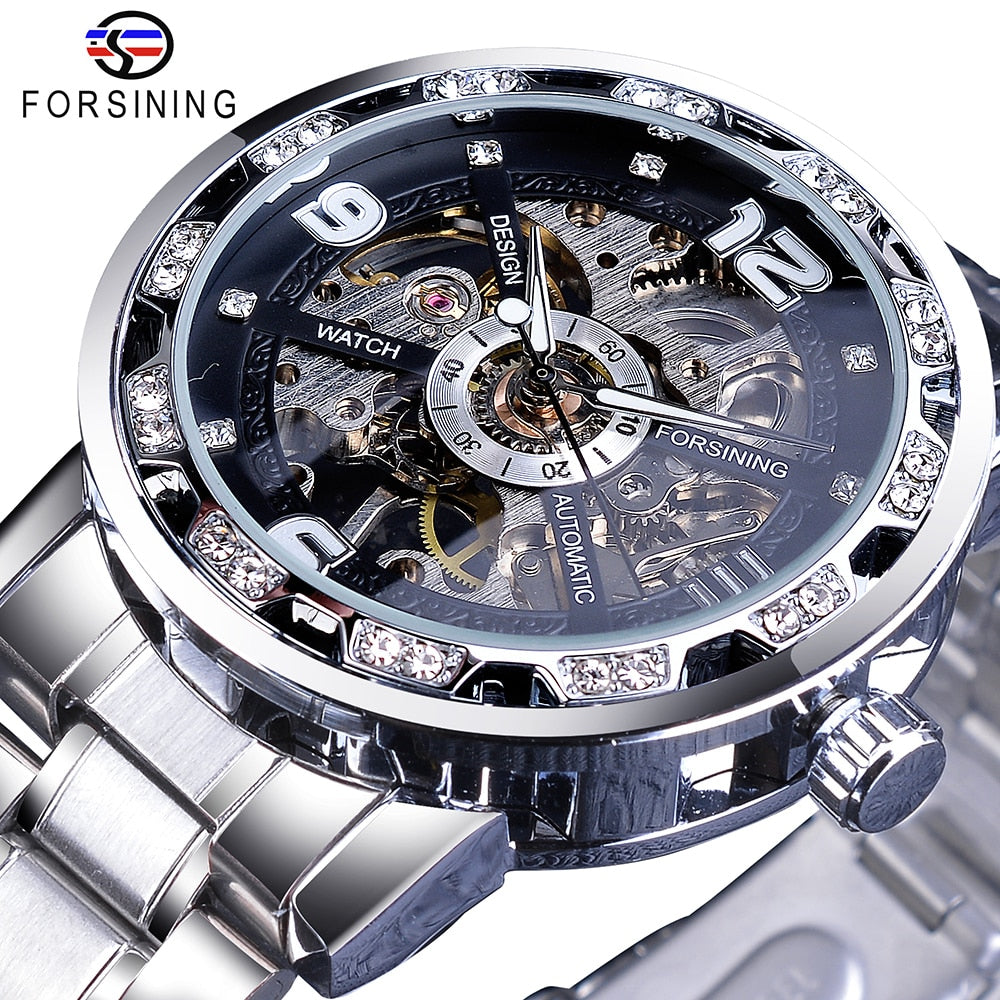 Forsining Fashion Diamond Golden Sliver Skeleton Mechanical Watch Stainless Steel Luminous Men Watches Sport Business Wristwatch