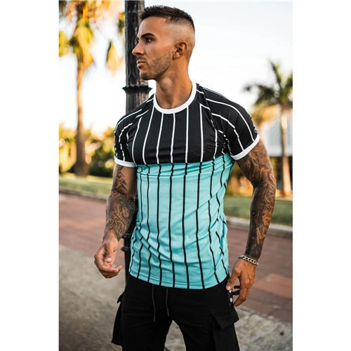 new brand men's stylish cool T-shirt, men's casual style striped hip-hop short sleeve street element printed top, wholesale