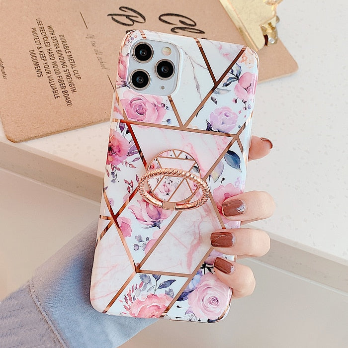 LACK Plating Geometric Marble Ring Stand Phone Case For iphone 13 Cute Flowers Cases For iphone 12Pro XR X XS 11 7 8Plus Cover