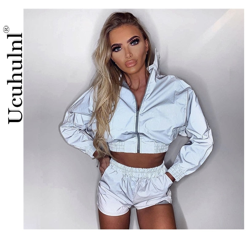 Women Tracksuit Zip Reflective Light Short Jackets Tops Casual Clubwear Sports Suit Festival Clothes Two Piece Set Pants Women