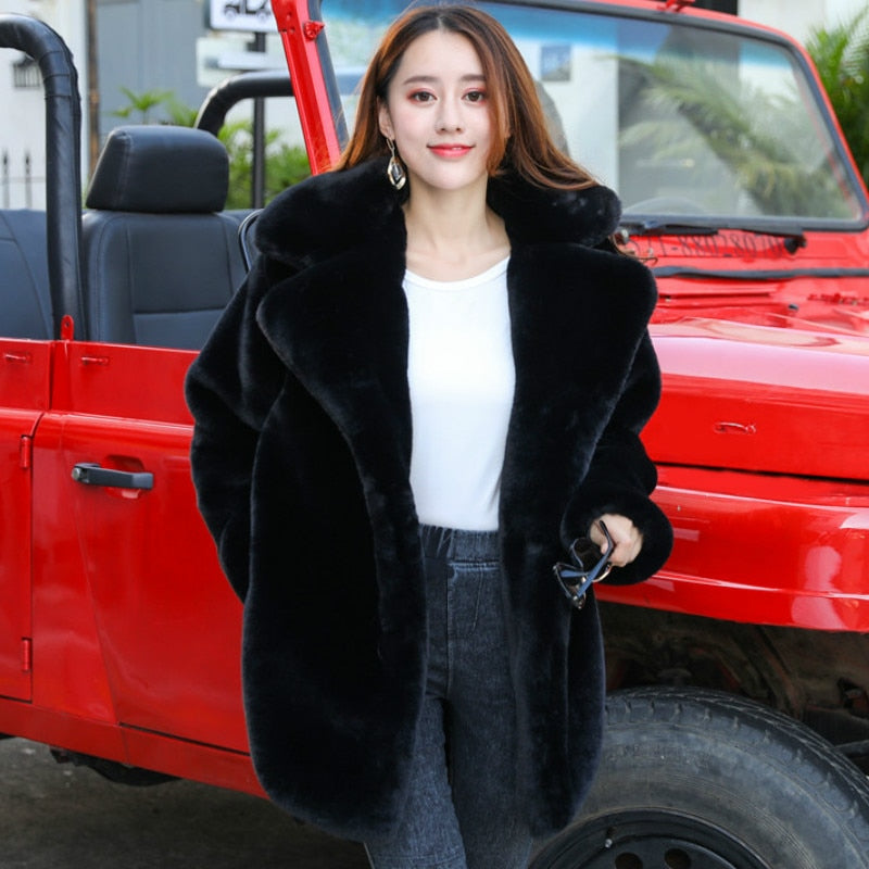 Winter Women High Quality Faux Rabbit Fur Coat Luxury Fur Coat Loose Lapel OverCoat Thick Warm Plus Size Female Plush Coats