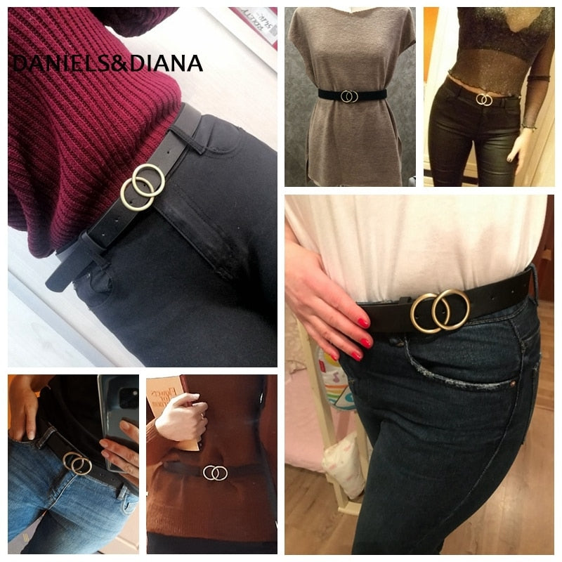 Double Ring Women Belt Fashion Waist Belt PU Leather Metal Buckle Heart Pin Belts For Ladies Leisure Dress Jeans Wild Waistband