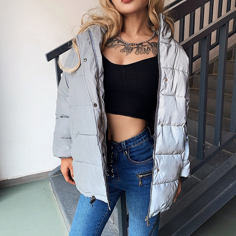 Winter Fashion Reflective Short Warm Women Coat Jackets Short Jacket Top Gray Color New Ladies Parka Autumn Ladies Coat