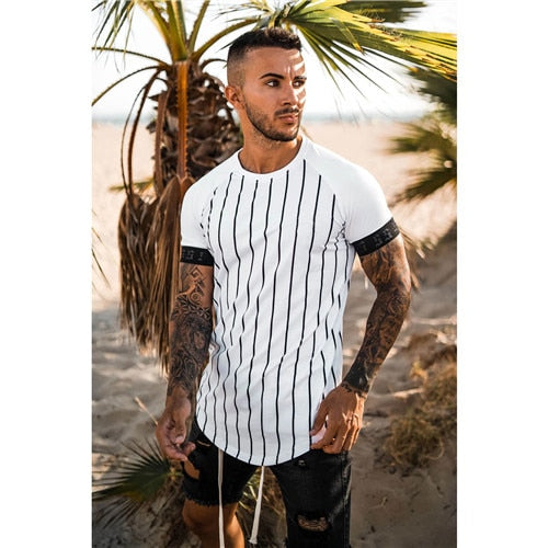 new brand men's stylish cool T-shirt, men's casual style striped hip-hop short sleeve street element printed top, wholesale