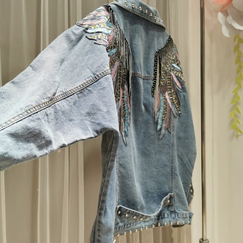 Rivet Wings Punk Coats Women Casual Embroidered Denim Jacket 2021 Sprint Short Denim Coat Jackets for Women Long Sleeve