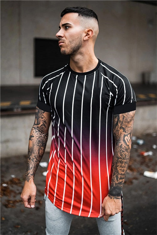 new brand men's stylish cool T-shirt, men's casual style striped hip-hop short sleeve street element printed top, wholesale