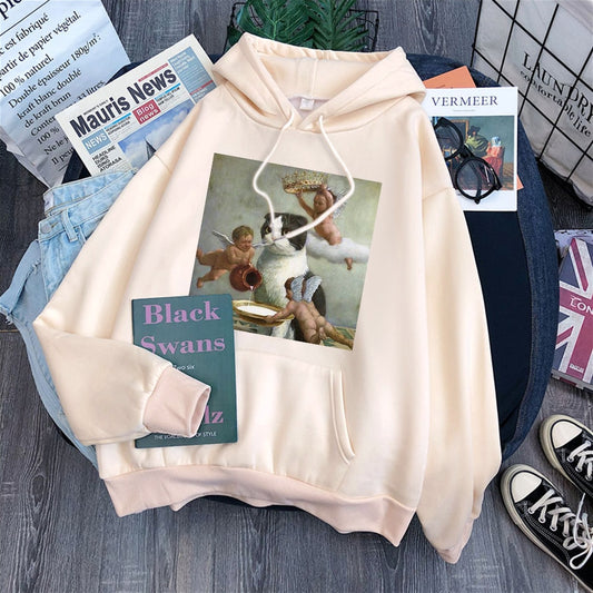 Cat And Angel Kawaii Comic Prints Woman Hooded Hip Hop Simple Hoody Comfort And Leisure Hoodie Spring 2021 Trendy Women Hoodies