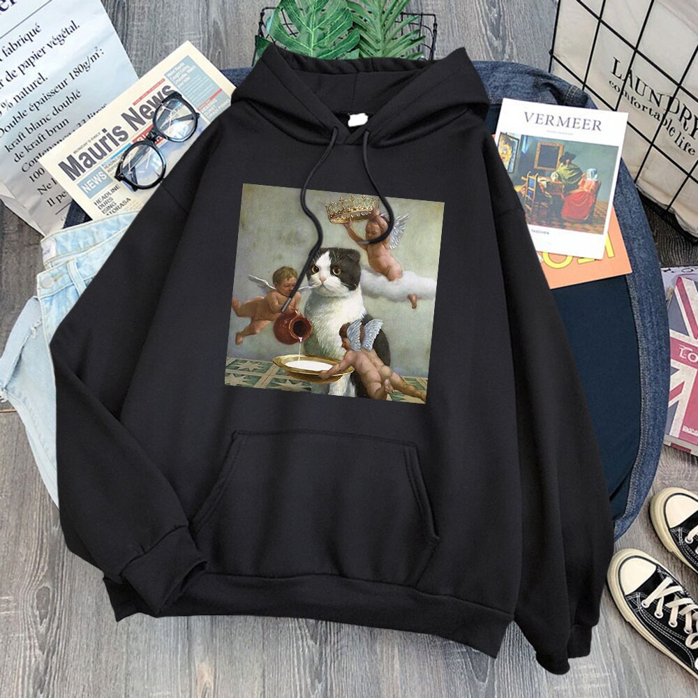 Cat And Angel Kawaii Comic Prints Woman Hooded Hip Hop Simple Hoody Comfort And Leisure Hoodie Spring 2021 Trendy Women Hoodies