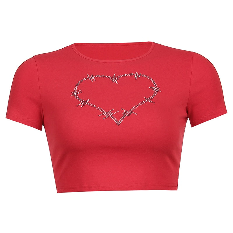 Heart Diamond Printed Crop Tops Women Vintage Retro Aesthetic 90s Tees Casual Crewneck Short Sleeves Tshirts Cuteandpsycho