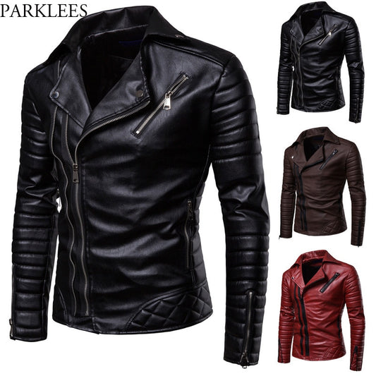 Obique Zipper Motorcycle Leather Jacket Men 2018 Stylish Striped Winter Windproof Casaco Masculino PU Leather Jackets Coats Mens