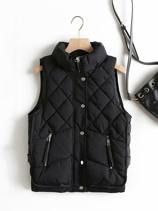 2022 Stand Collar Zipper Pocket Women's Vest Autumn Winter Diamond Cotton Vest Jacket Female Jackets Autumn Spring Women Warm