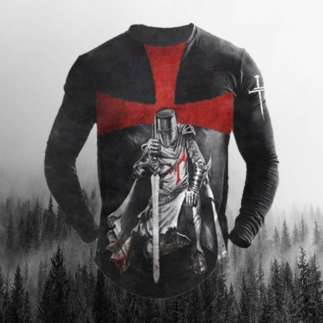 Vintage Print Tshirt 3d Templar Shirt Us Long Sleeve Street Hip Hop Loose Crew Neck Fall Top Plus Size Men Pullover Clothes