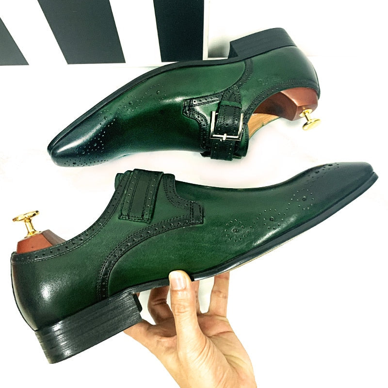 LUXURY BRAND MEN'S LOAFERS MONK STRAP SHOES GENUINE LEATHER FASHION MENS DRESS SHOES BLACK GREEN OFFICE WEDDING MEN CASUAL SHOES