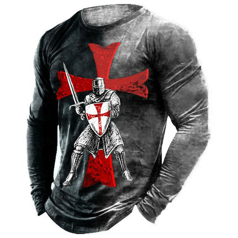 Vintage Print Tshirt 3d Templar Shirt Us Long Sleeve Street Hip Hop Loose Crew Neck Fall Top Plus Size Men Pullover Clothes