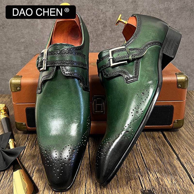 LUXURY BRAND MEN'S LOAFERS MONK STRAP SHOES GENUINE LEATHER FASHION MENS DRESS SHOES BLACK GREEN OFFICE WEDDING MEN CASUAL SHOES