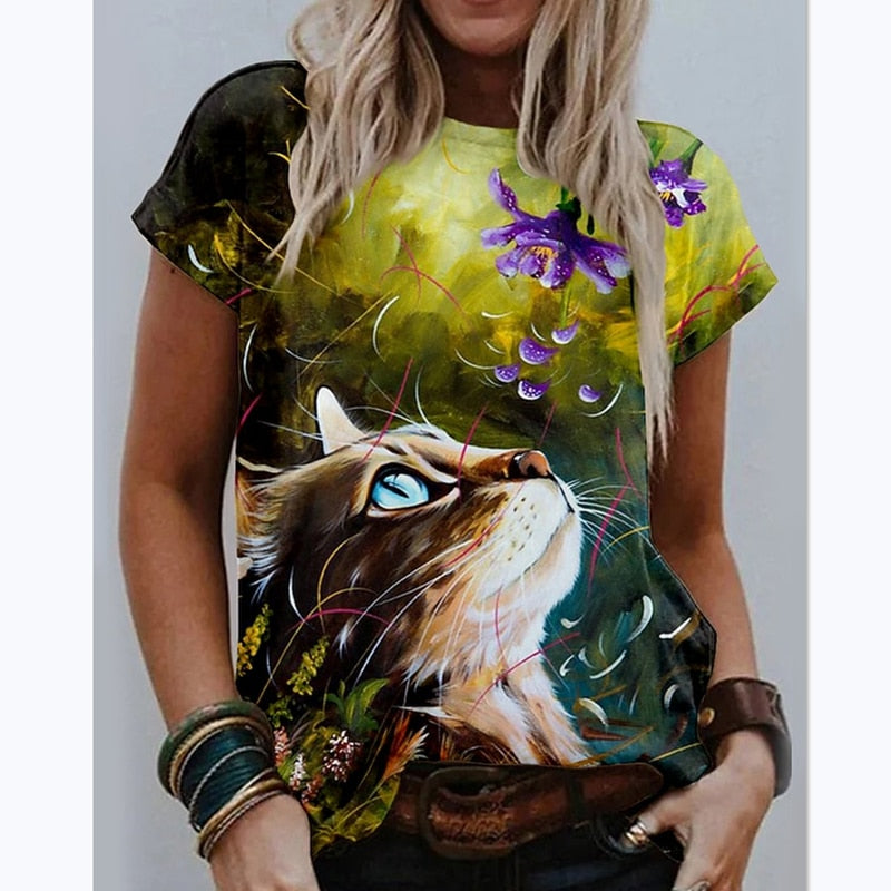 Summer T-Shirt Women 3D Printing Cute Cat Fashion Tee 2022 New Harajuku Animal T-Shirt Short Sleeve Oversized Clothing Camiseta