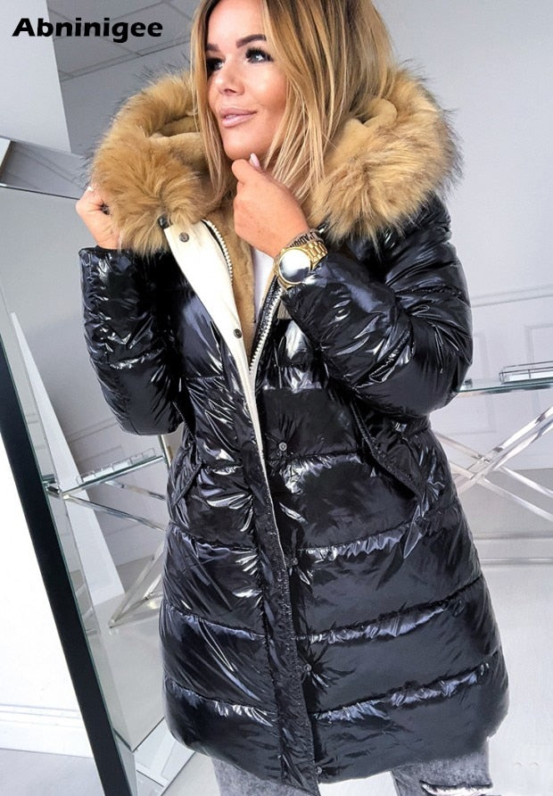 Winter Faux Fur Hooded Jacket Padded Coat Women&#39;s Thick Warm Shinny Coat Slim Fit Wadded Parkas Long Coat Outwear 2021