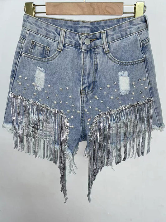 Waist Beads Tassel Women's Denim Shorts Summer Beading Wide Leg Thin Oversized Jeans S-5xl Size Korean Streetwear Women Clothes