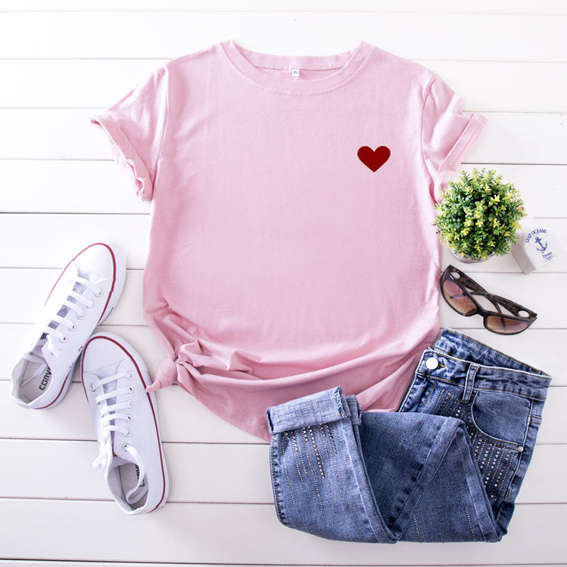 JCGO Summer Cotton Women Heart Print T Shirt S-5XL Versatile Short Sleeve Tees Tops Casual Simple O-Neck Female TShirts