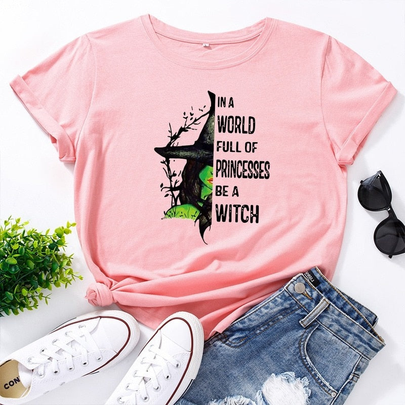 JCGO Fashion Summer T Shirts Women Casual Graphic Cotton Halloween Witch Print Female Short Sleeve Tshirt Vintage Lady Tops Tees