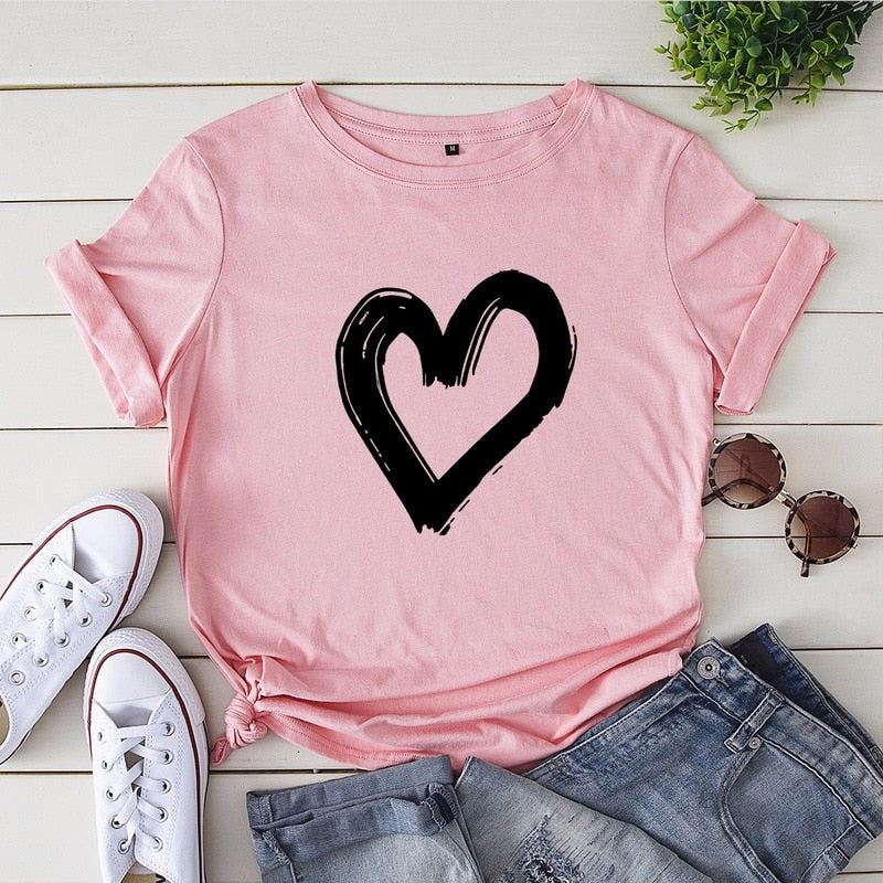 JCGO Summer Cotton Women Heart Print T Shirt S-5XL Versatile Short Sleeve Tees Tops Casual Simple O-Neck Female TShirts