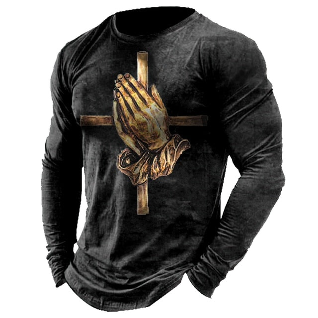 Vintage Print Tshirt 3d Templar Shirt Us Long Sleeve Street Hip Hop Loose Crew Neck Fall Top Plus Size Men Pullover Clothes