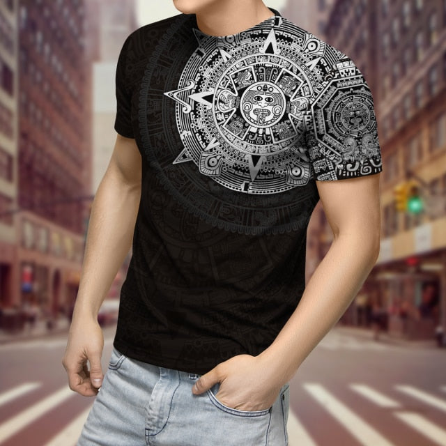 2022 Streetwear Fashion T-shirt Men&#39;s Short-sleeved Loose T-shirt Aztec Mexico Tattoo 3D Printing Slim Round Neck Tshirt Men