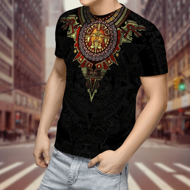 2022 Streetwear Fashion T-shirt Men&#39;s Short-sleeved Loose T-shirt Aztec Mexico Tattoo 3D Printing Slim Round Neck Tshirt Men