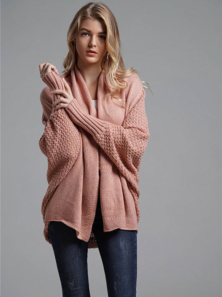 Fitshinling Oversized Sweater Cardigan Female Clothes Patchwork Batwing Sleeve Long Outerwear Women Winter Big Size Jacket Coat