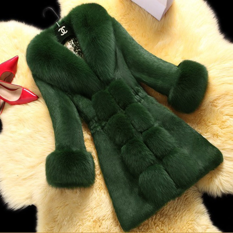 The New Thicken Middle-aged Female Fox Collar Keep Warm  Overcoat Long Faux Fur Coat  Coats and Jackets Women