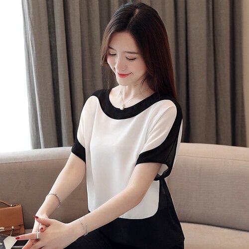 Womens Tops And Blouses Fashion 2022 Chiffon Blouse Plus Size Ladies Tops Shirts Solid Short O-Neck Batwing Sleeve 3397 50