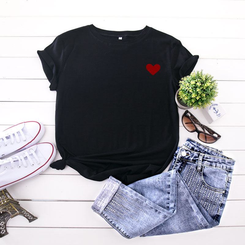 JCGO Summer Cotton Women Heart Print T Shirt S-5XL Versatile Short Sleeve Tees Tops Casual Simple O-Neck Female TShirts