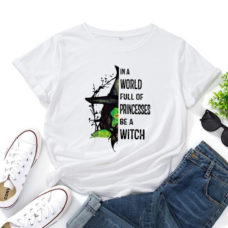 JCGO Fashion Summer T Shirts Women Casual Graphic Cotton Halloween Witch Print Female Short Sleeve Tshirt Vintage Lady Tops Tees