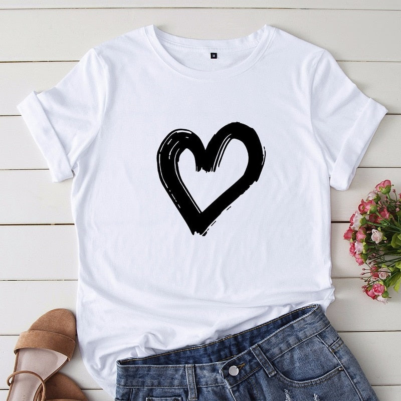 JCGO Summer Cotton Women Heart Print T Shirt S-5XL Versatile Short Sleeve Tees Tops Casual Simple O-Neck Female TShirts