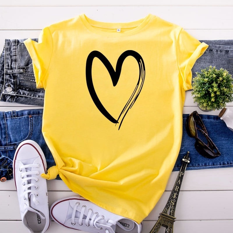 JCGO Summer Cotton Women Heart Print T Shirt S-5XL Versatile Short Sleeve Tees Tops Casual Simple O-Neck Female TShirts