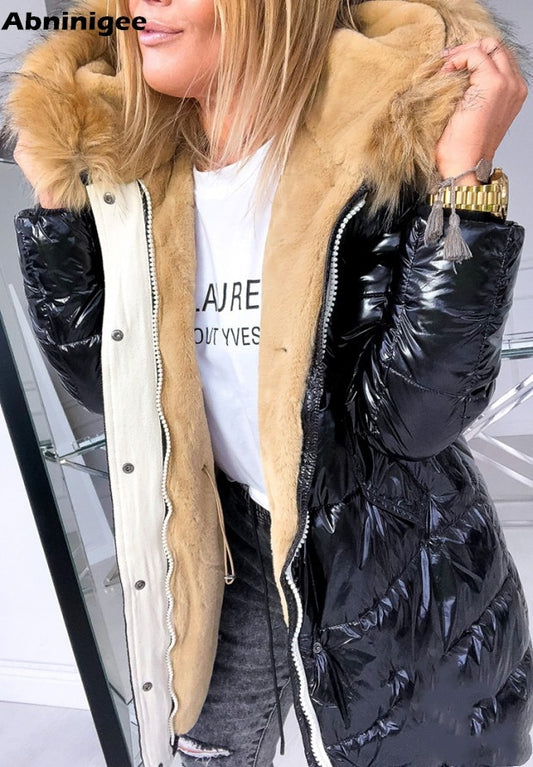 Winter Faux Fur Hooded Jacket Padded Coat Women&#39;s Thick Warm Shinny Coat Slim Fit Wadded Parkas Long Coat Outwear 2021