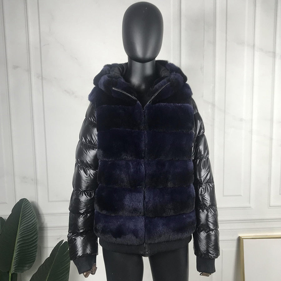 Real Rex Rabbit Fur Coat With Hood Down Coat Jacket Sleeves Fur Bomber Jacket Real Fur Jacket Hooded With Down Fur Coat Women