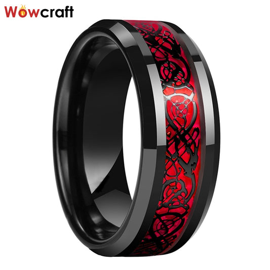 8mm Tungsten Wedding Band Rings for Men Women Gunmetal&Black Plated Opal Dragon Inlay Beveled Edges Comfort Fit