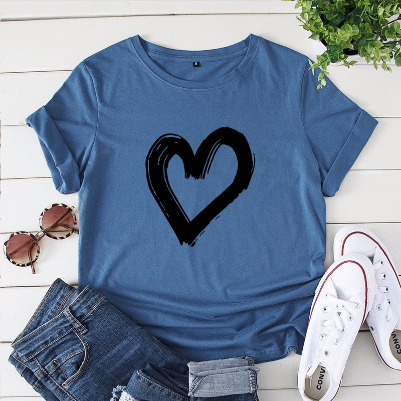 JCGO Summer Cotton Women Heart Print T Shirt S-5XL Versatile Short Sleeve Tees Tops Casual Simple O-Neck Female TShirts