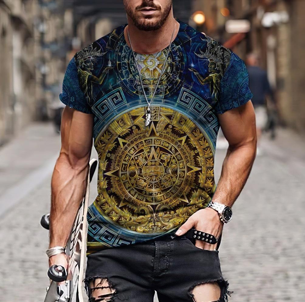 2022 Streetwear Fashion T-shirt Men&#39;s Short-sleeved Loose T-shirt Aztec Mexico Tattoo 3D Printing Slim Round Neck Tshirt Men