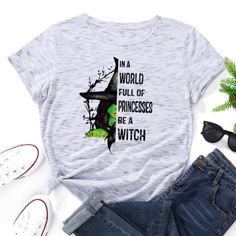 JCGO Fashion Summer T Shirts Women Casual Graphic Cotton Halloween Witch Print Female Short Sleeve Tshirt Vintage Lady Tops Tees