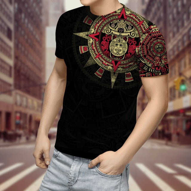 2022 Streetwear Fashion T-shirt Men&#39;s Short-sleeved Loose T-shirt Aztec Mexico Tattoo 3D Printing Slim Round Neck Tshirt Men