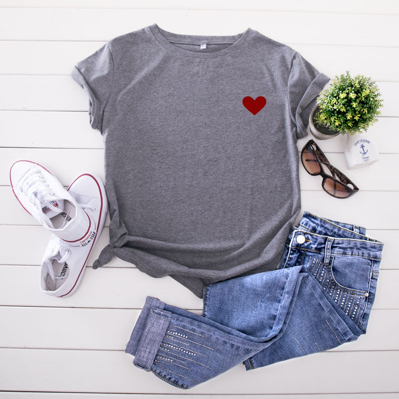 JCGO Summer Cotton Women Heart Print T Shirt S-5XL Versatile Short Sleeve Tees Tops Casual Simple O-Neck Female TShirts