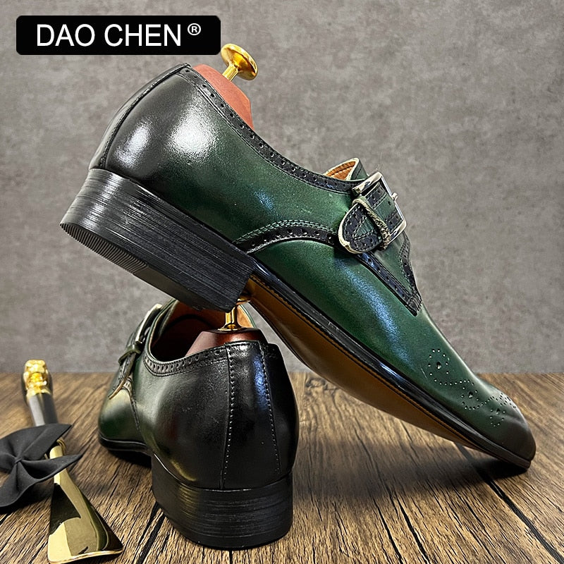 LUXURY BRAND MEN'S LOAFERS MONK STRAP SHOES GENUINE LEATHER FASHION MENS DRESS SHOES BLACK GREEN OFFICE WEDDING MEN CASUAL SHOES