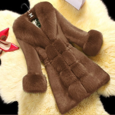 The New Thicken Middle-aged Female Fox Collar Keep Warm  Overcoat Long Faux Fur Coat  Coats and Jackets Women