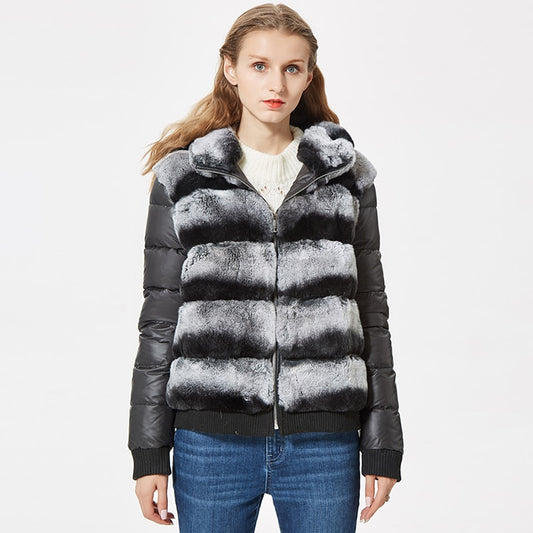 Real Rex Rabbit Fur Coat With Hood Down Coat Jacket Sleeves Fur Bomber Jacket Real Fur Jacket Hooded With Down Fur Coat Women