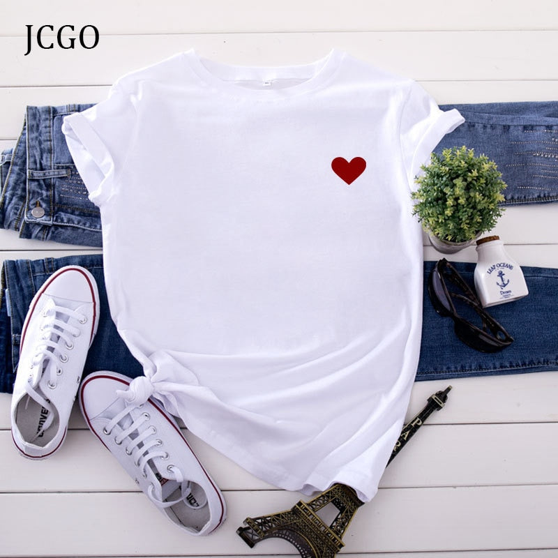 JCGO Summer Cotton Women Heart Print T Shirt S-5XL Versatile Short Sleeve Tees Tops Casual Simple O-Neck Female TShirts