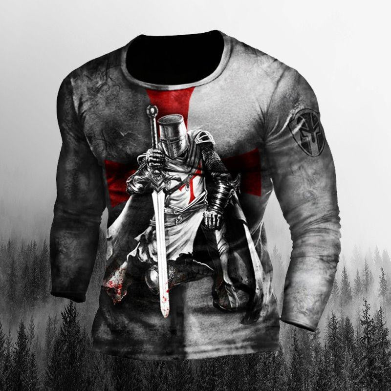 Vintage Print Tshirt 3d Templar Shirt Us Long Sleeve Street Hip Hop Loose Crew Neck Fall Top Plus Size Men Pullover Clothes