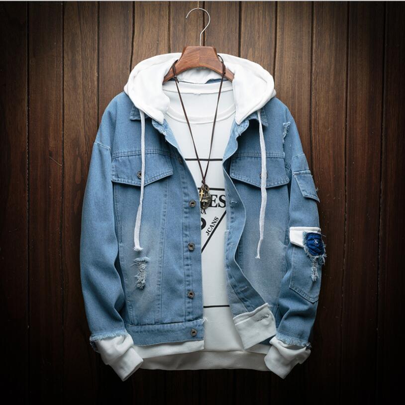 Men Hooded Denim Jackets Jean Coats New Spring Autumn Men Holes Casual Denim Coats And Jackets Loose Jean Jackets Size 4XL