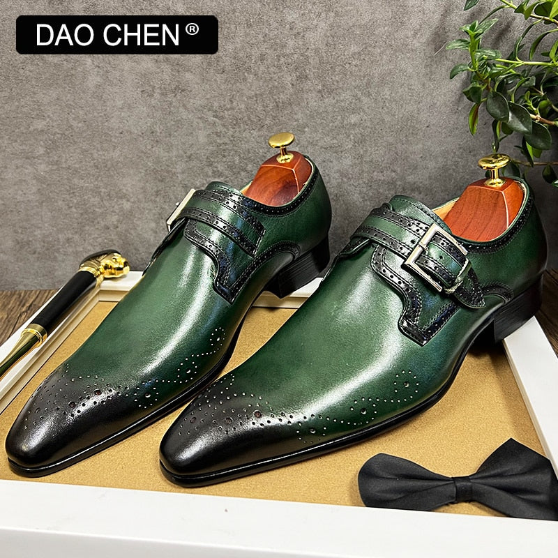 LUXURY BRAND MEN'S LOAFERS MONK STRAP SHOES GENUINE LEATHER FASHION MENS DRESS SHOES BLACK GREEN OFFICE WEDDING MEN CASUAL SHOES